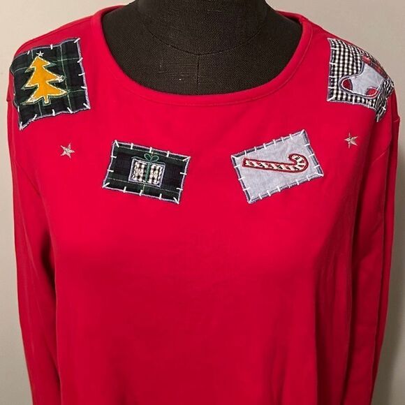 Boobie Brooks Women's Red Christmas Holiday Patches Top Long Sleeve 14W/16W - Picture 2 of 7